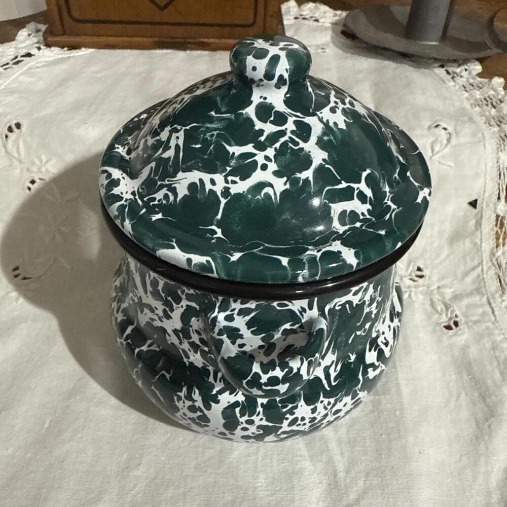 VTG Graniteware Enamel Ware USA Covered Sugar Bowl Dark Green Primitive Farmhous - Picture 7 of 8